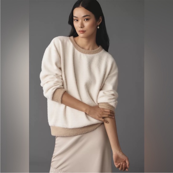 Anthropologie Tops - Anthropologie Maeve Cozy Ringer Sweatshirt Sweater cream fuzzy